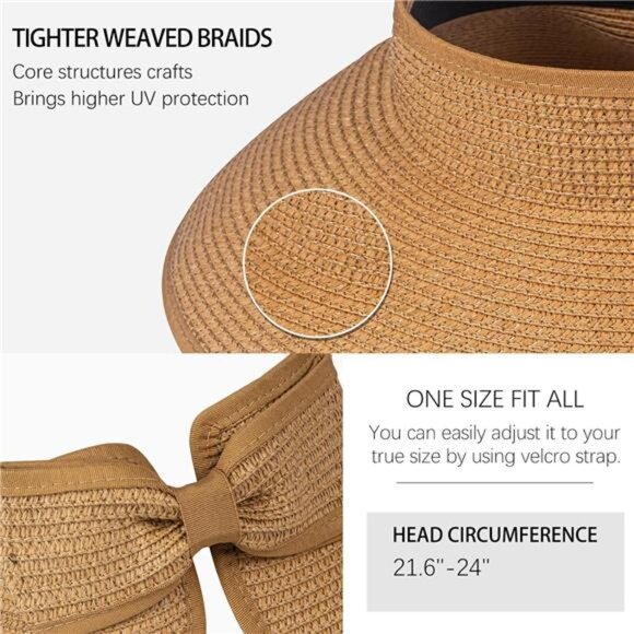 Women's Sun Visor Hats Wide Brim Straw Beach Hat Ponytail Hats for Women - Picture 6 of 7